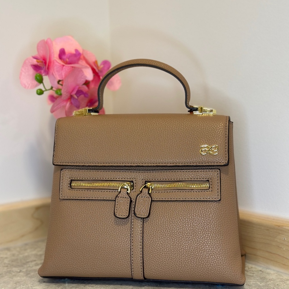 Elegant Tan Handbag with Gold Accents